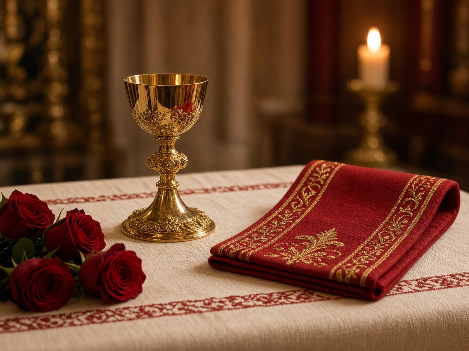 Chén thánh và dây stola đỏ trên bàn thờ